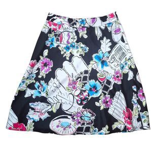 Valerie Stevens Black Floral Print Silk Knee Length Midi Skirt Y2K Size 8 Petite